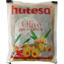 Оливки зеленые с паприкой без косточек Hutesa 180 г пакет (8426622301301)