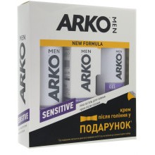 Подарочный набор Аrko мужской Sensitive. Пена для бритья Аrko Sensitive 200 мл + Гель для бритья Аrko Sensitive 75 мл + Крем после бритья Аrko Sensitive 50 мл в подарок