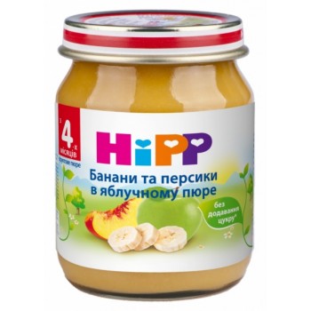 Фруктовое пюре HiPP Бананы и персики в яблочном пюре с 4 месяцев 125 г (9062300131632_9062300131748) 