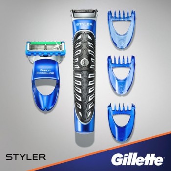 Набор Бритва- Стайлер Gillette Styler 3в1 с бритвенной насадкой Gillette Fusion ProGlide Styler Power и 3-мя насадками для моделирования бороды и усов с элементами питания + Гель Hydrating 200 ml