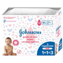 Детские влажные салфетки Johnson's Ласковая забота 216 шт, 1+1=3 (3574661422381)