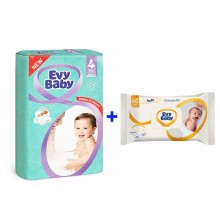 Підгузки дитячі Evy Baby Maxi (4) від 7-18 кг 64шт + Вологі серветки Evy Baby з клапаном 60 шт в подарок (8690556474324)
