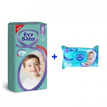 Підгузки дитячі Evy Baby Maxi (5) від 11-25 кг 48шт + Вологі серветки Evy Baby з клапаном 60 шт в подарунок (8690556403065)