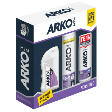 Подарочный набор Аrko мужской Sensitive. Пена для бритья Аrko Sensitive 200 мл + Гель для бритья Аrko Sensitive 75 мл + Бальзам для бритья Аrko Sensitive 150 мл 