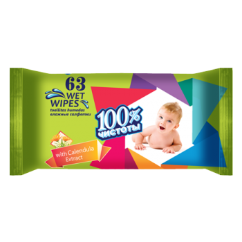 Салфетки влажные детские  "100% Чистоти с экстрактом календулы и витамином Е 63 шт.
