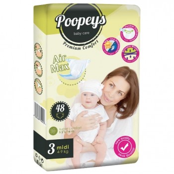 Подгузники детские Poopeys Baby Care Premium Comfort (3) midi 4-9кг 48 шт (4260286750013)